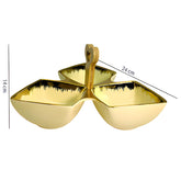 Elegant Cream Ceramic Tri-Part Serving Platter with Bamboo Handle & Gold Rim – 24cm